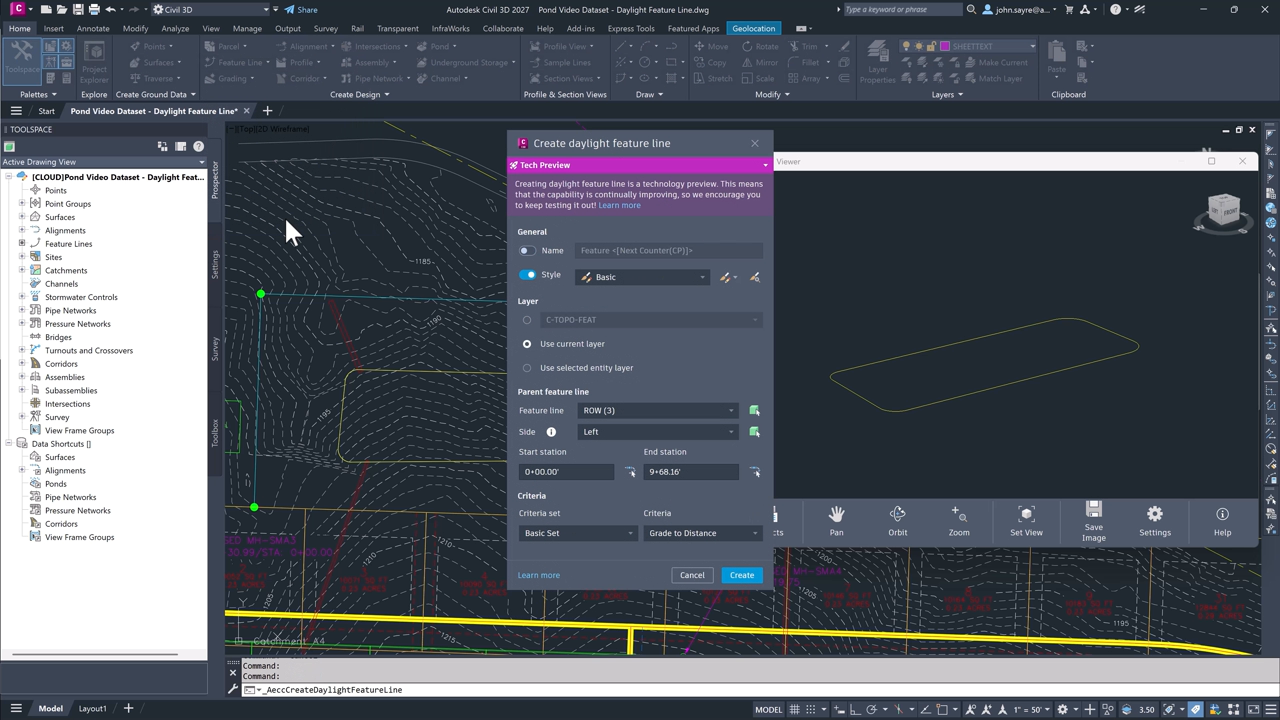 Daylight Feature Lines automatically show where design slopes meet the existing ground surface