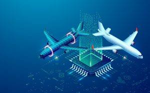 graphic of digital twin copy of aviation jet forming a v-shape around a motherboard cpu chip
